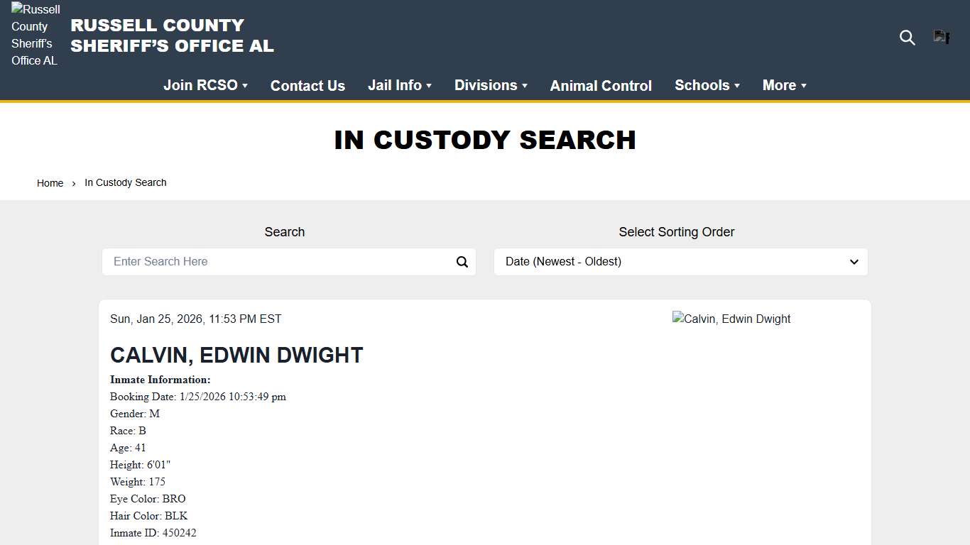 In Custody Search Russell County Sheriff’s Office AL
